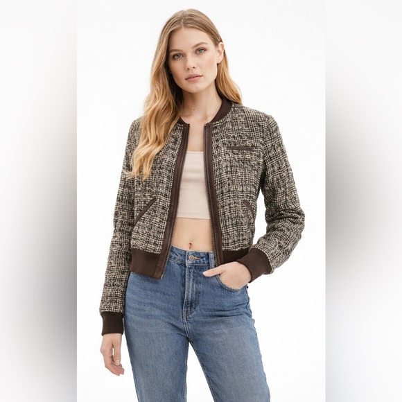 Forever 21 Jackets & Blazers - Forever 21 I Love H81 Tweed Bomber Jacket M Brown Faux Leather Zip Plaid Lined